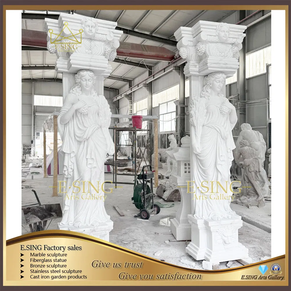 White Marble Natural Stone Handmade Statue Carving Column for Garden Decoration