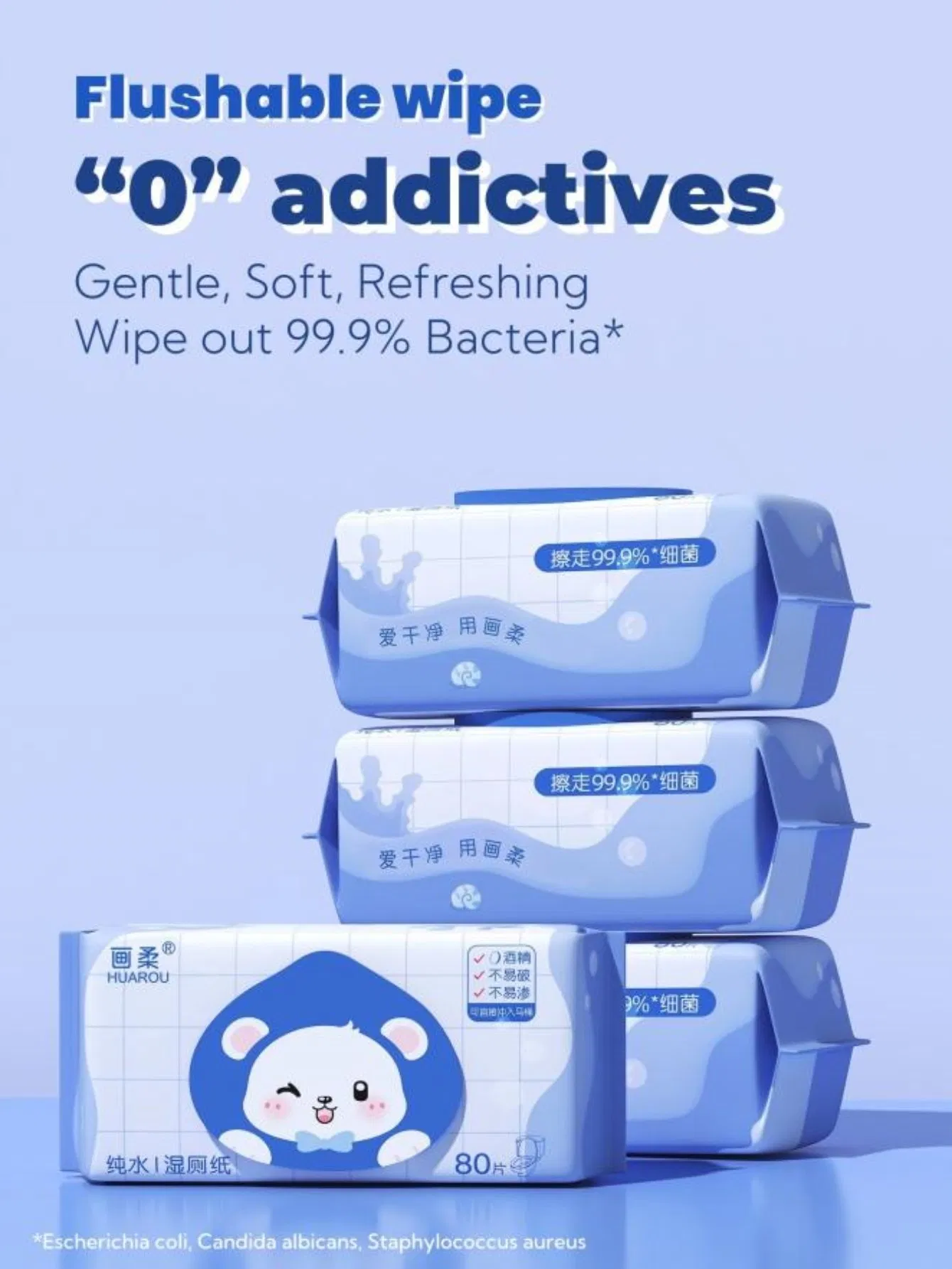 Flushable Adult Toilet Wipes, Fragrance Free, Biodegradable Material