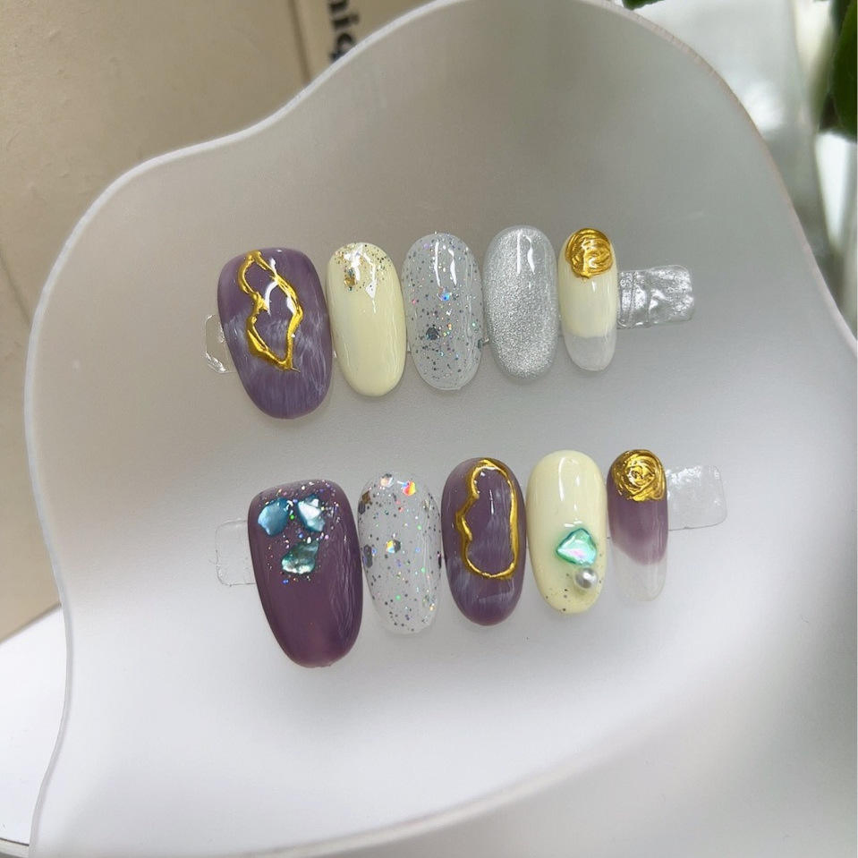 Hot Selling 100% Hand-Painted Ice Flower High Quality Fashionable False Nails Set with Glue Reusable Certified Wholesale