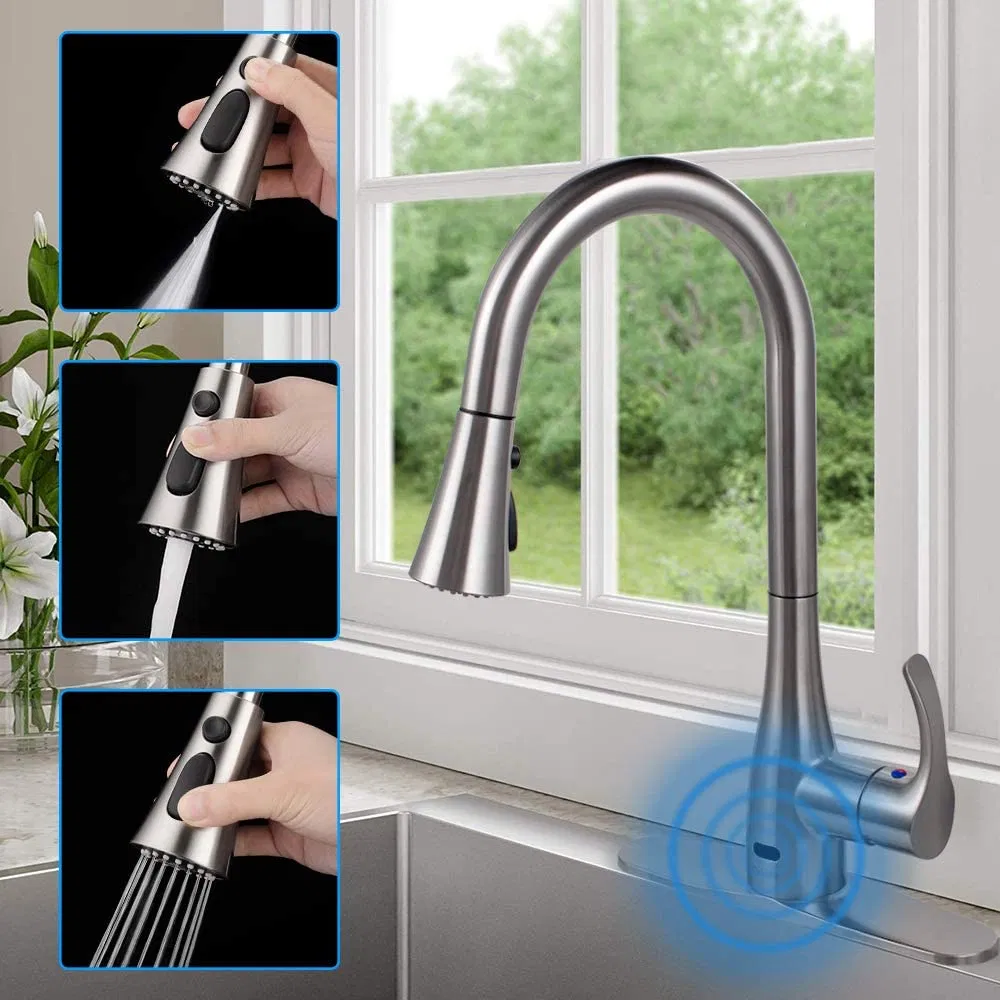 American Smart Automatic Touch Free Sensor Kitchen Water Tap Mixer Kitchen Sink Faucet with Flexible Pullout Pulldown Kitchen Sprayer