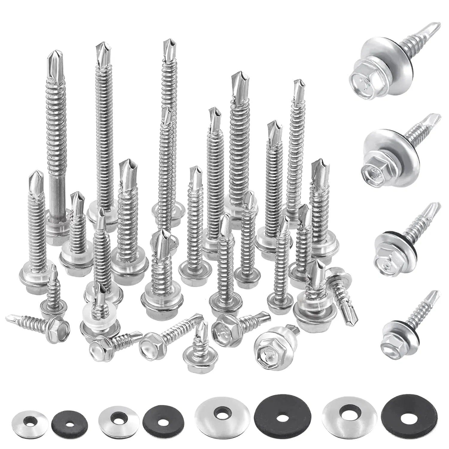 Hex Washer Head Self Drilling Screws with Stainless Steel #14 X 3/4" Neoprene EPDM Bonded Sealing Washers Gasket Kit, Self Tapping Sheet Metal Tek Screws
