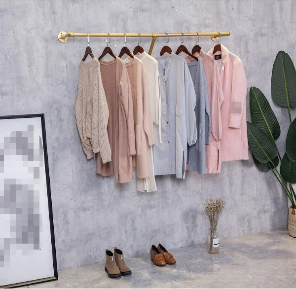 Industrial Golden Pipe Wall Mounted Towel Clothing Hanging Shelves Type E Storage Metal Garment Rack for Clothes Retail Display