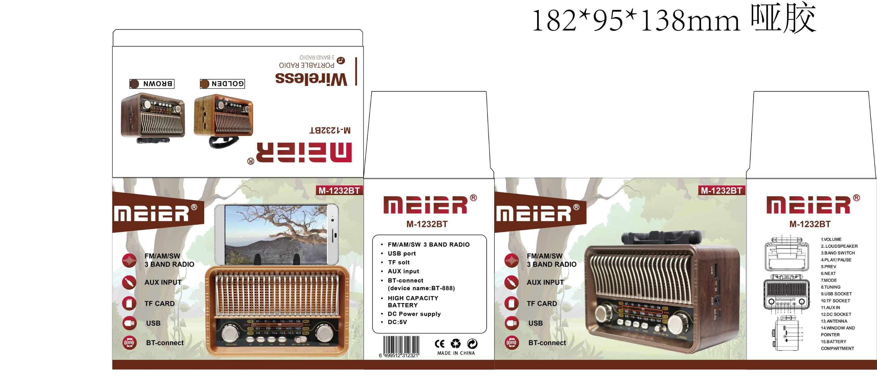 Meier M-1232BT Portable 3-Band Am FM Sw Radio, TF Card and MP3 Player, Rechargeable Speakers Bluetooth Vintage Solar MP3 Player