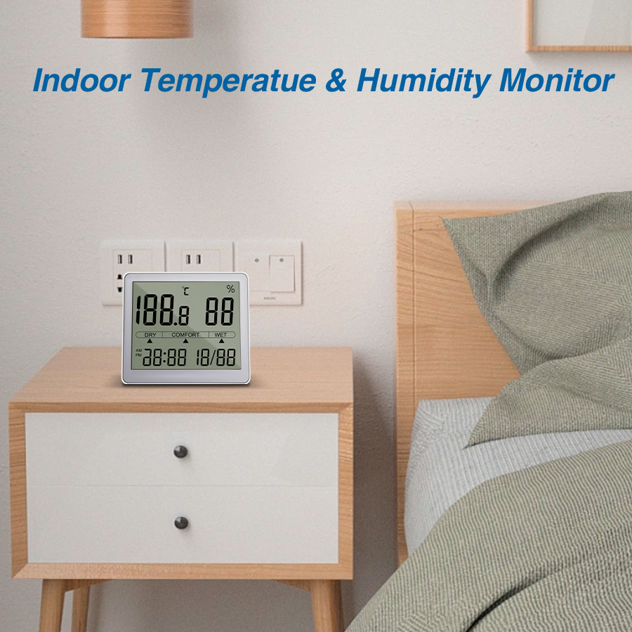 Temperature Humidity Meter, LCD Electronic Digital Outdoor/Indoor Thermometer Hygrometer with Clock Time Humidity Monitor