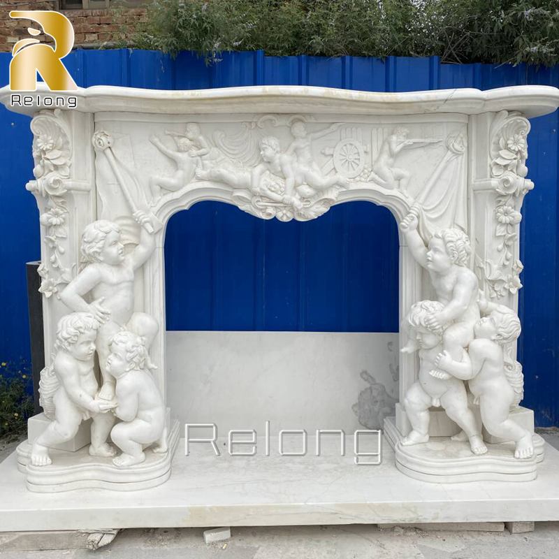 Exquisite Hand Carved White Marble Fireplace Surround with Three Baby Sculpture for Home Indoor Decor