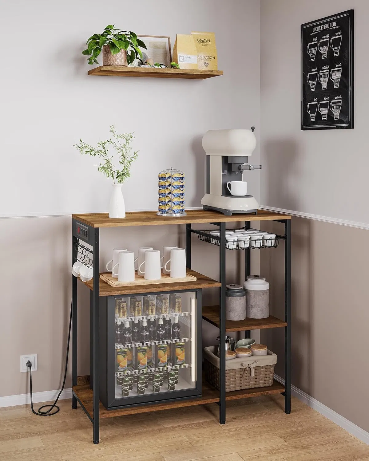 Kitchen Storage Rack, Metal and Wood Panel, Large Capacity Metal Basket, Suitable for Kitchens