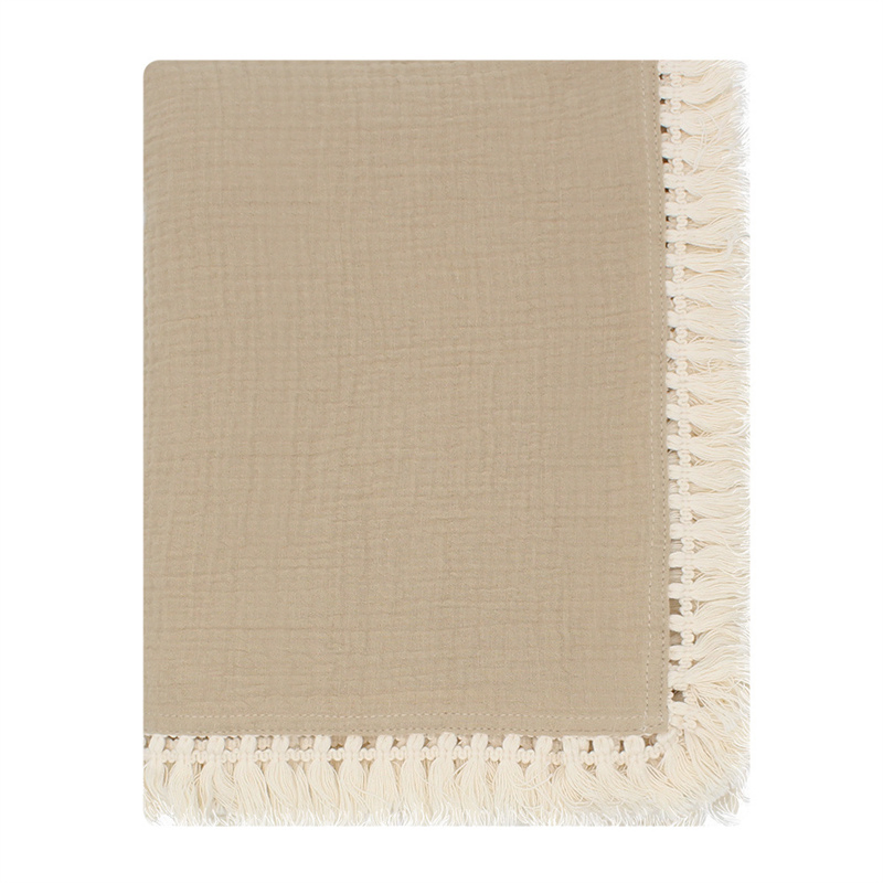 Double Layers Cotton Print Muslin Swaddle with Tassel Trim Baby Blanket