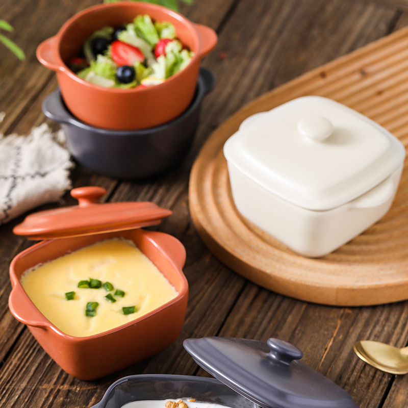 Household Children Bowl Ceramic Anti-Scald Double Ear Microwave Soup Bowl with Lid