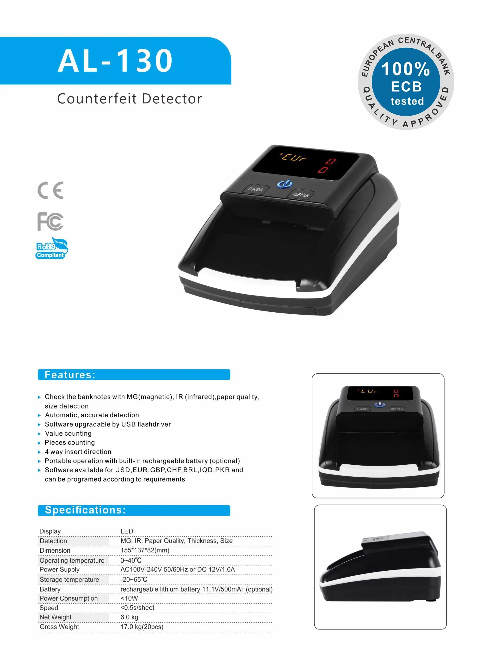 Al-130 Bill Counter with Mg/IR/Paper Quality/Size Detection Currency Detector