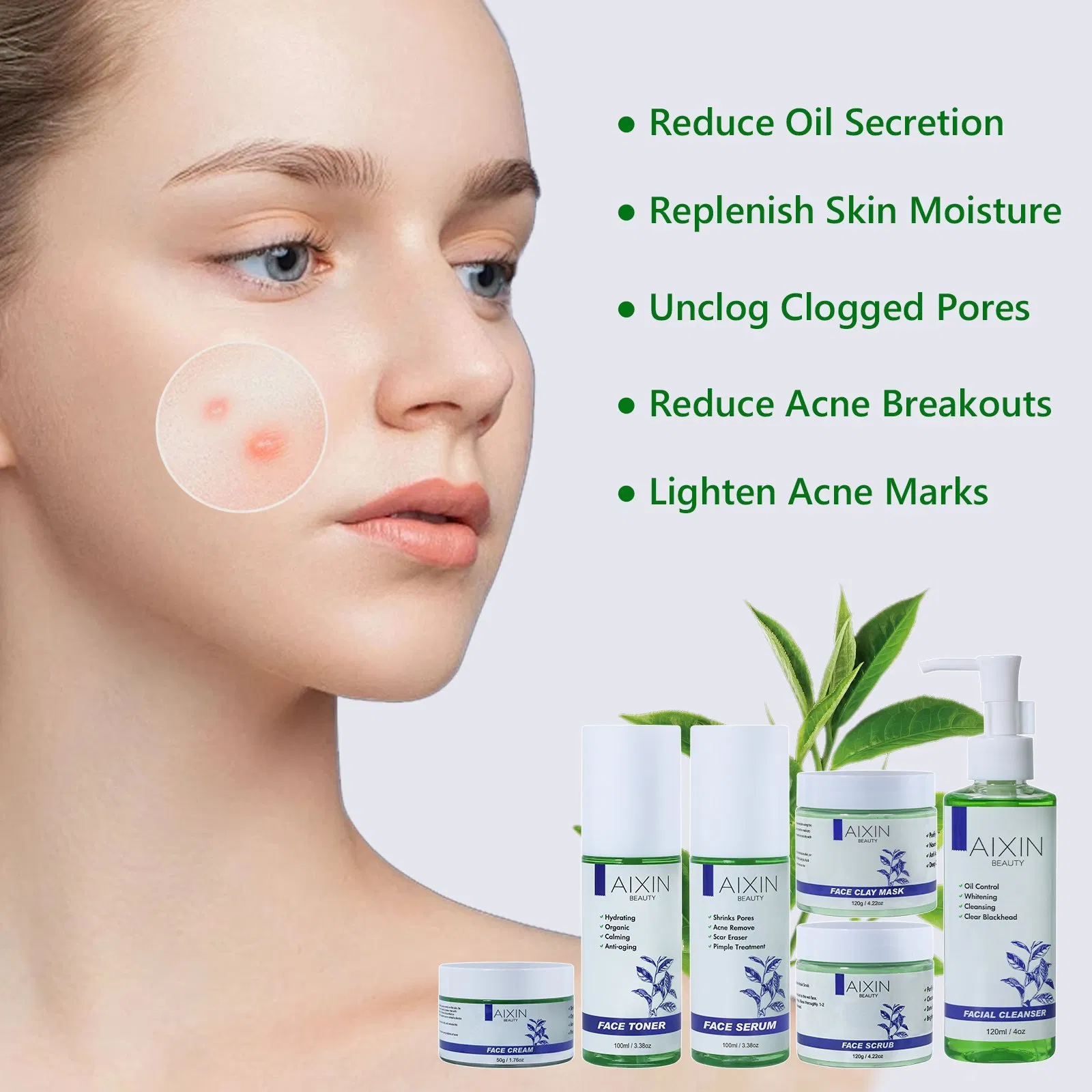Beauty Cosmetics Skin Care Lighten and Shrink Pores Tea Tree Anti-Acne Skin Care Set