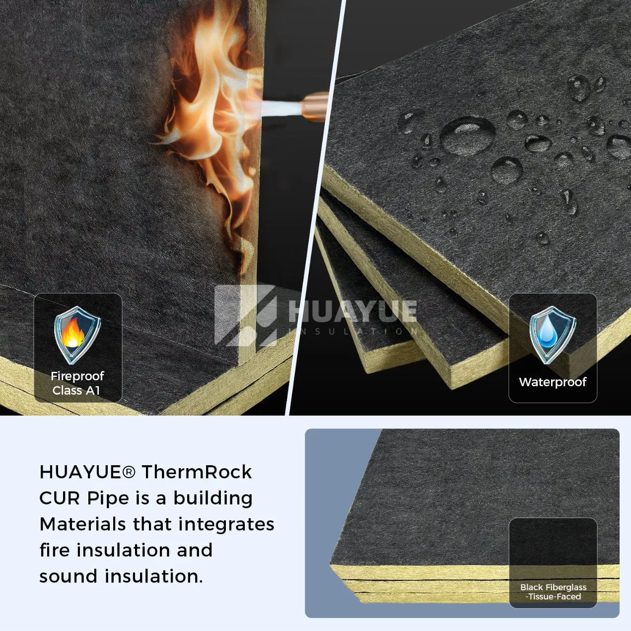 Rock Wool Board Thermal and Acoustic Insulation Rigid Stone Wool Insulation Board with Black Tissue