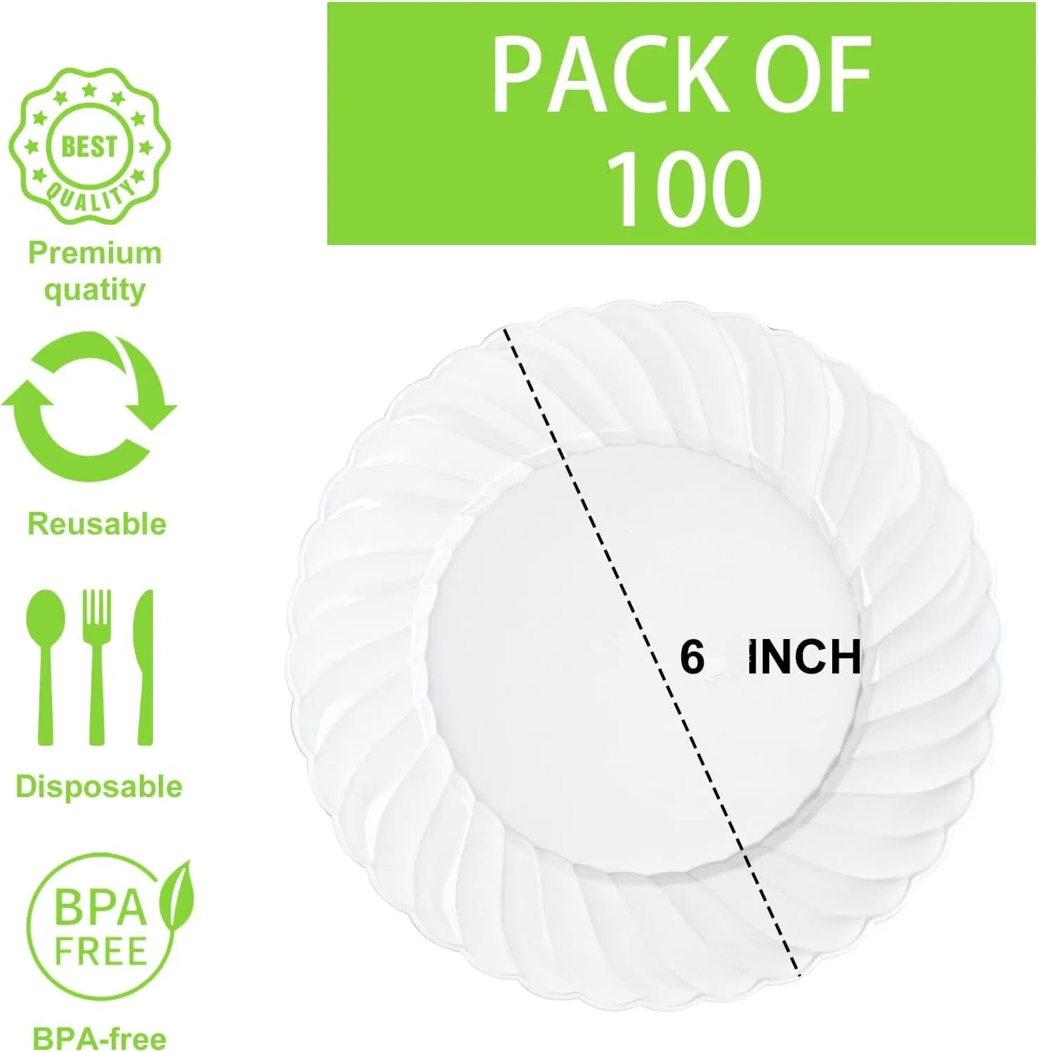 Premium White Plastic Dessert Plates - 6 Inch Disposable Dinnerware