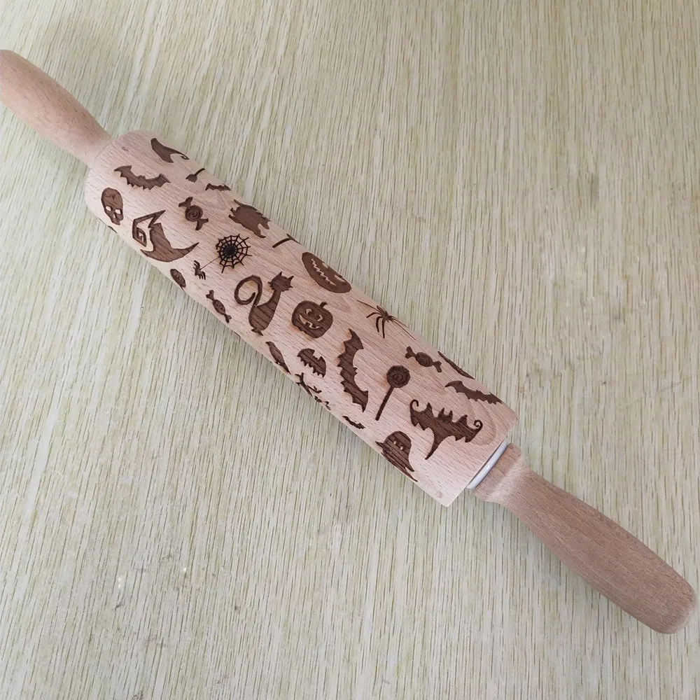 Halloween Wooden Roller Embossing Laser Engraved Rolling Pin