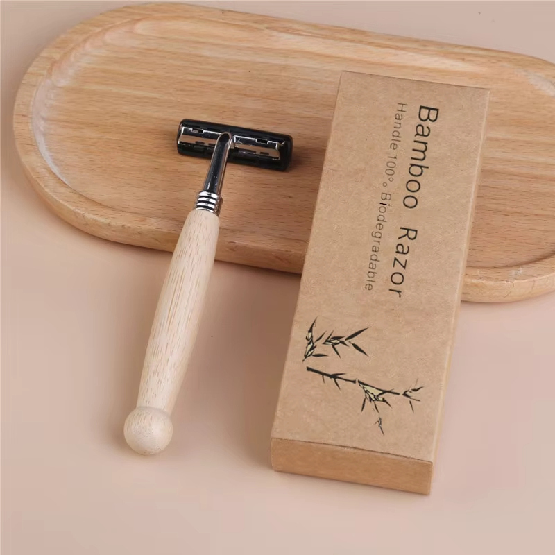 Premium Bamboo Hanheld Safety Razor with 3 Blades - Custom Logo, Wooden Handle for Men, Disposable & Hotel Use