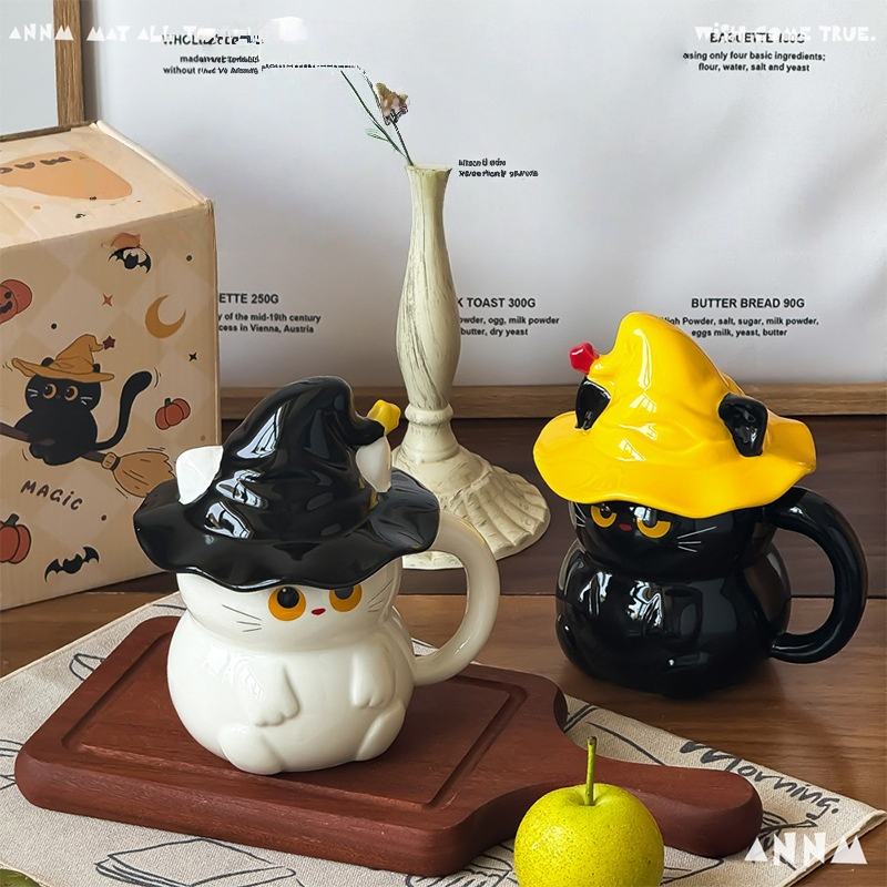 Керамическая кружка с призрачным котом и крышкой