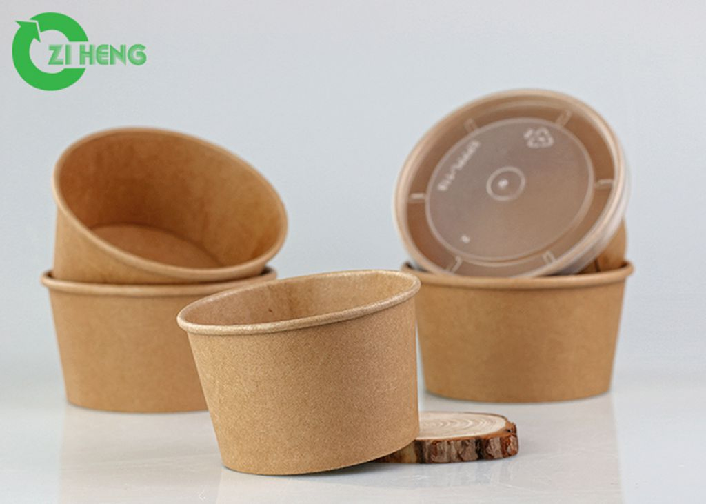 Custom Disposable Biodegradable Kraft Paper Noodle Bowl with Inner PE Coating & Lids