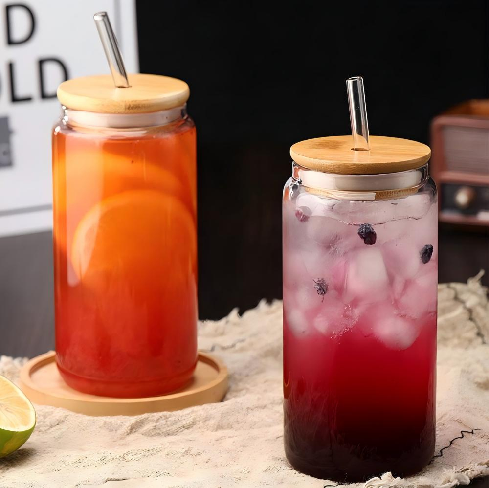 16/12oz Glass Cup with Bamboo Lid and Straw Water Bottle with Lid