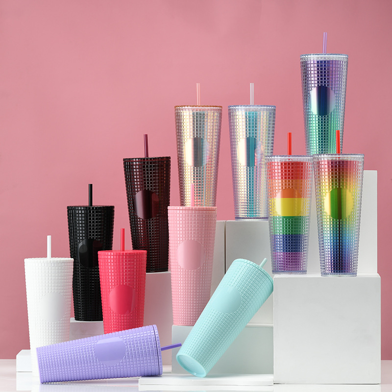 New Colorful Double Wall 24oz Plastic Grid Tumbler with Straw