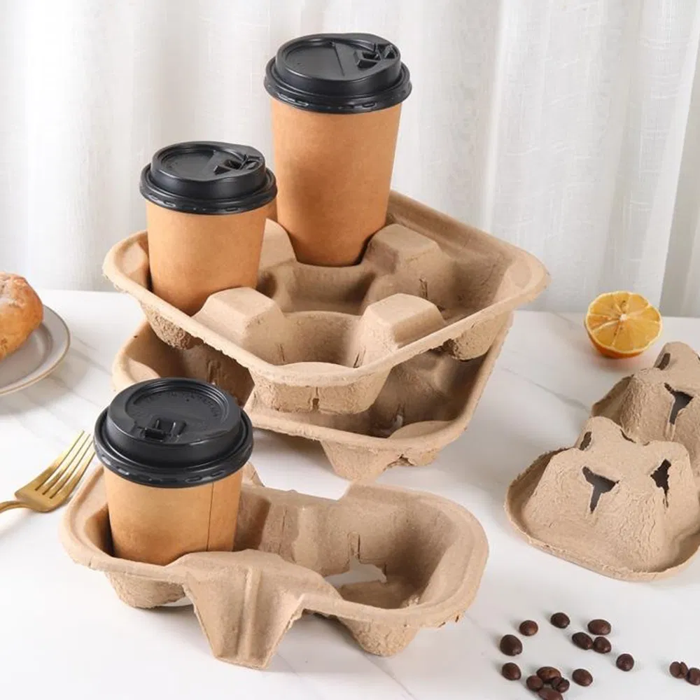 Customizable Cup Holder Biodegradable Paper Pulp Takeaway Carrier Tray Coffee Paper Cup Holder Tray