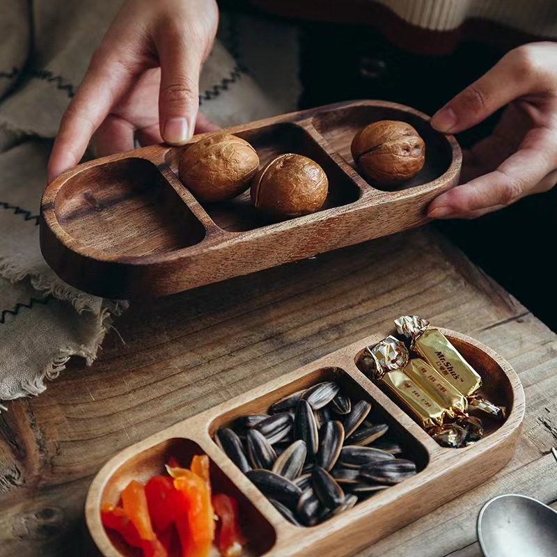 Retro Restaurant Wooden Dipping Plates Divided Three Compartments Oval Sauce Vinegar Snack Tray