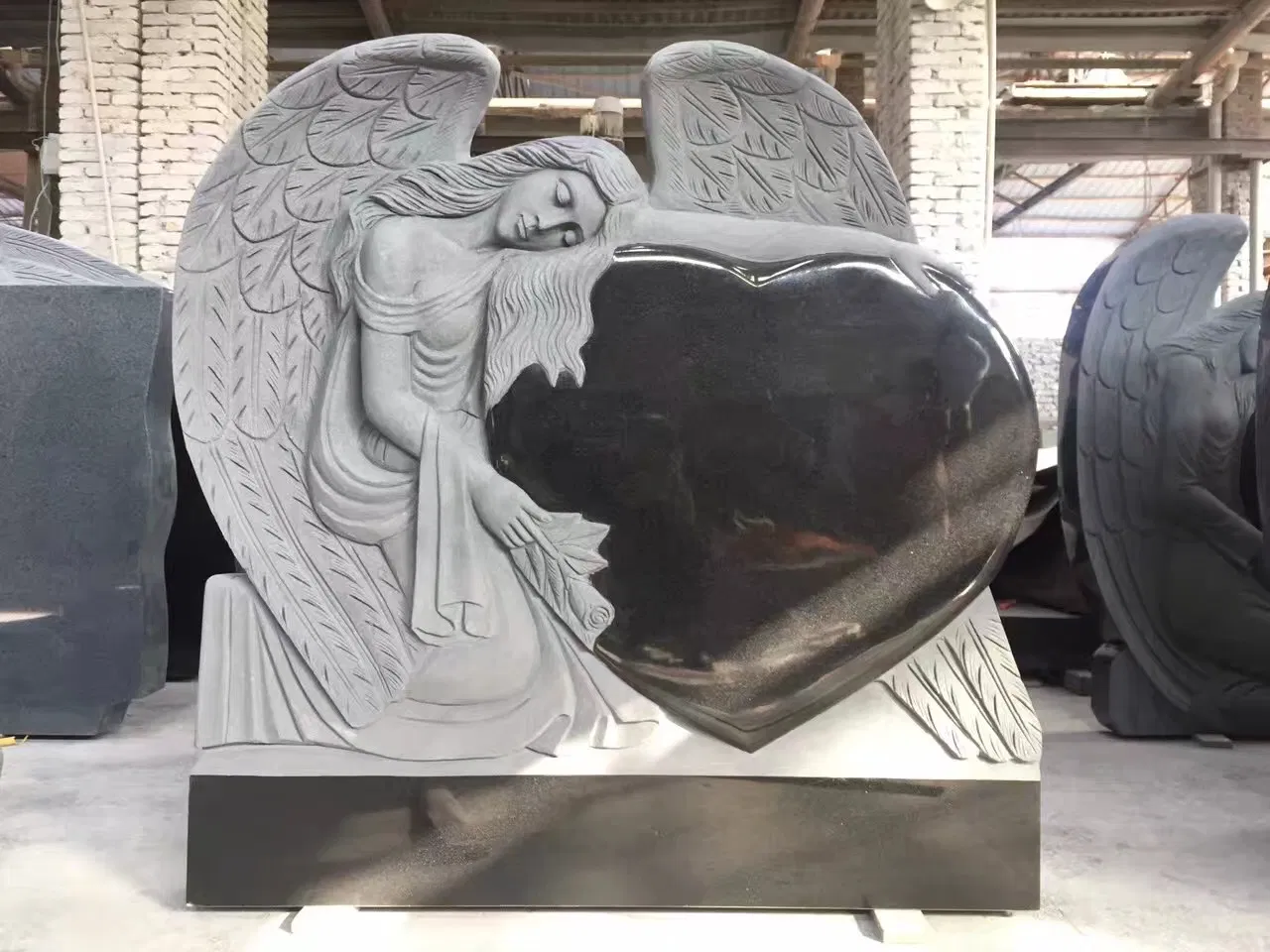 Customized Angel-Heart Absolute Black Granite Carving Headstone Columnbarium, Slant Beveled Shape Markers Hand Carving, Machine Carving Memorial Monument