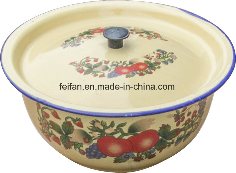 Enamel Footed Bowl/Cash Bowl with Decorated Cover/Mixing Bowl