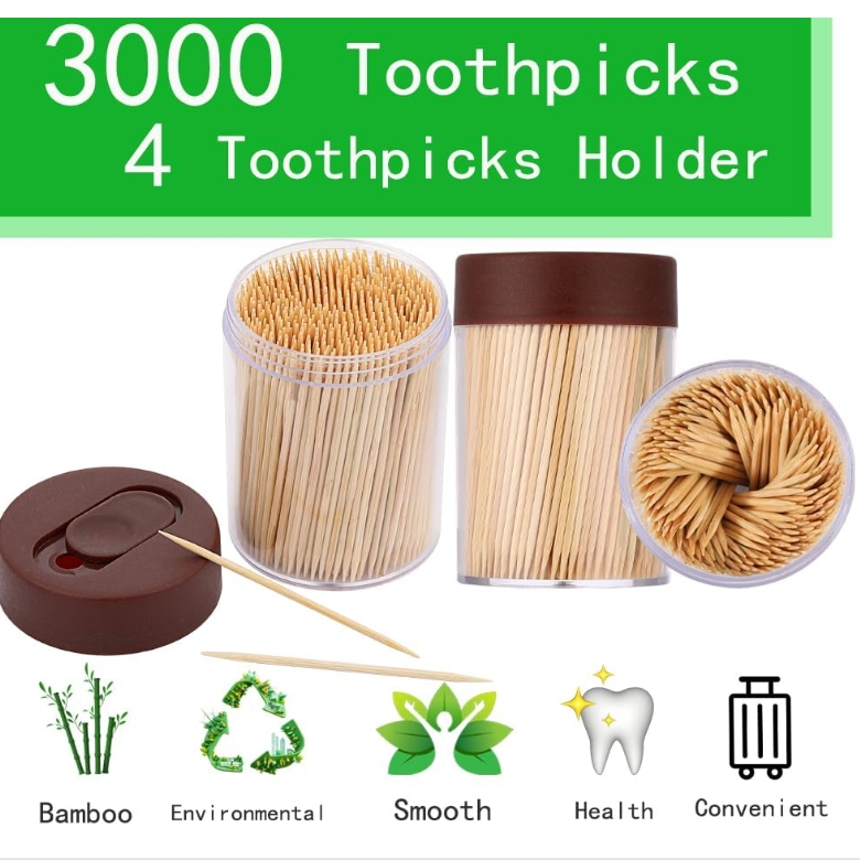 Toothpick Holder Dispenser, 3000 Count Bamboo Toothpicks with 4 Reusable Toothpick Dispenser, Sturdy Smooth Health Toothpicks for Party, Bar, Olive, Barbecue, F