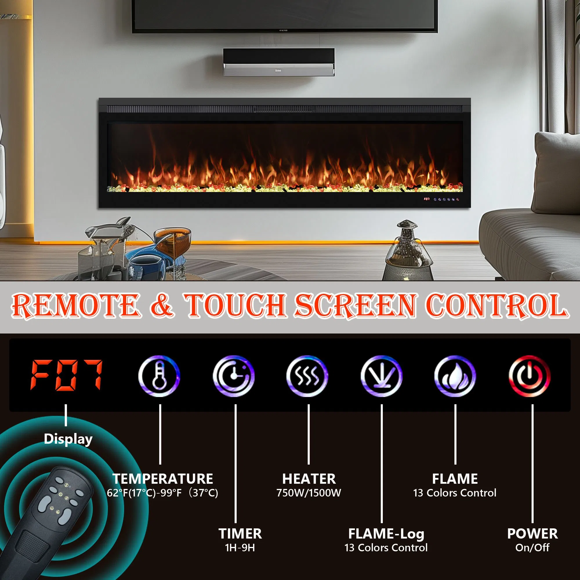 Современный LED-камин с 3D-эффектом пламени и умным управлением