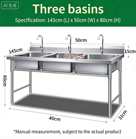 Three Sink 145cm*50cm*80cm Premium Stainless Steel Washbasin for Modern Kitchen Designs