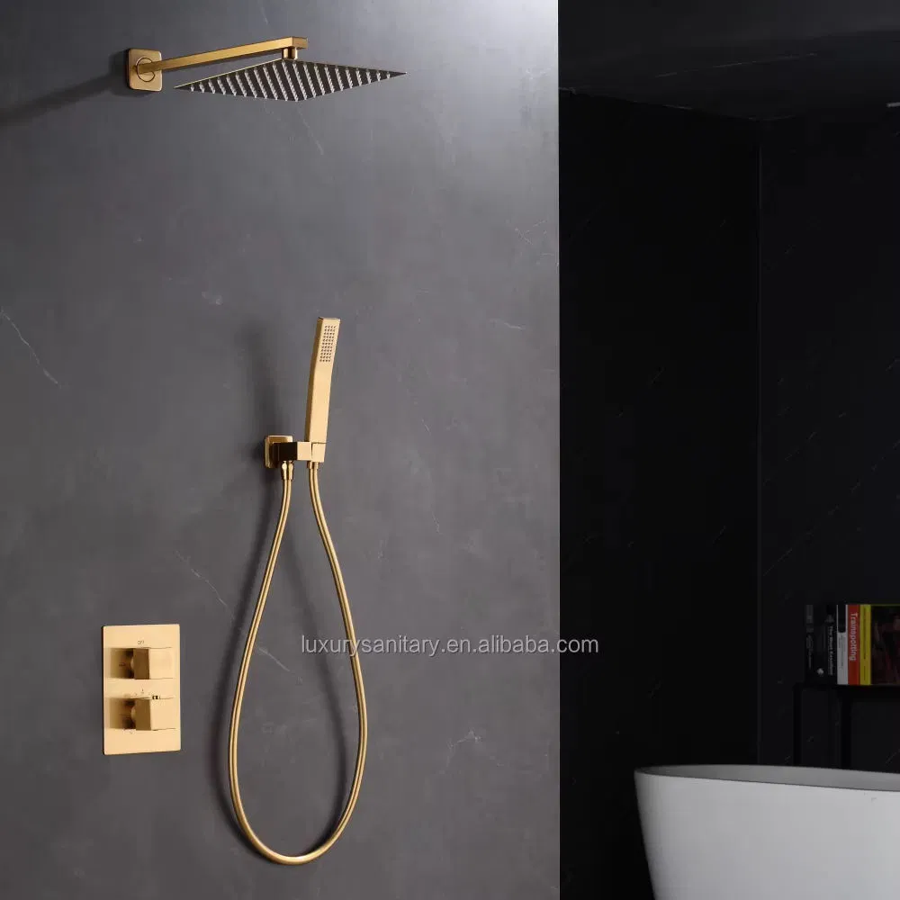 High Quality Gold Brushed Square Bathroom Concealed Thermostatic Shower Set