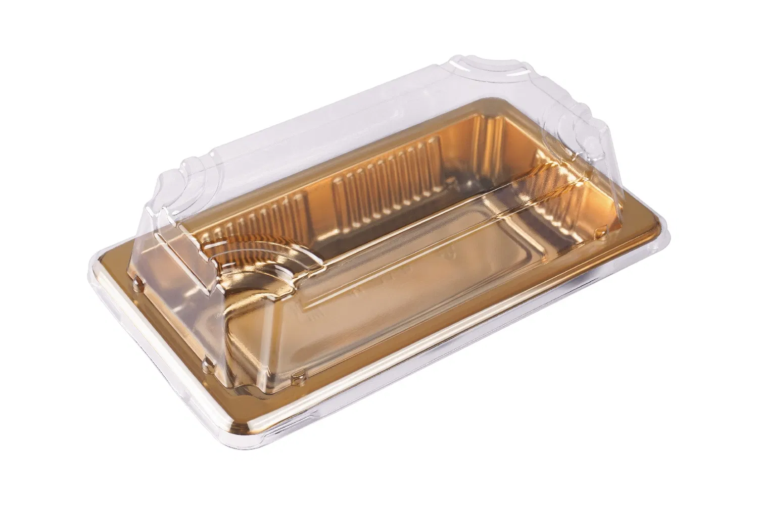 Disposable Food Grade Plastic Pet Takeaway Container Sushi Packaging Tray with Lid Gold Rectangular