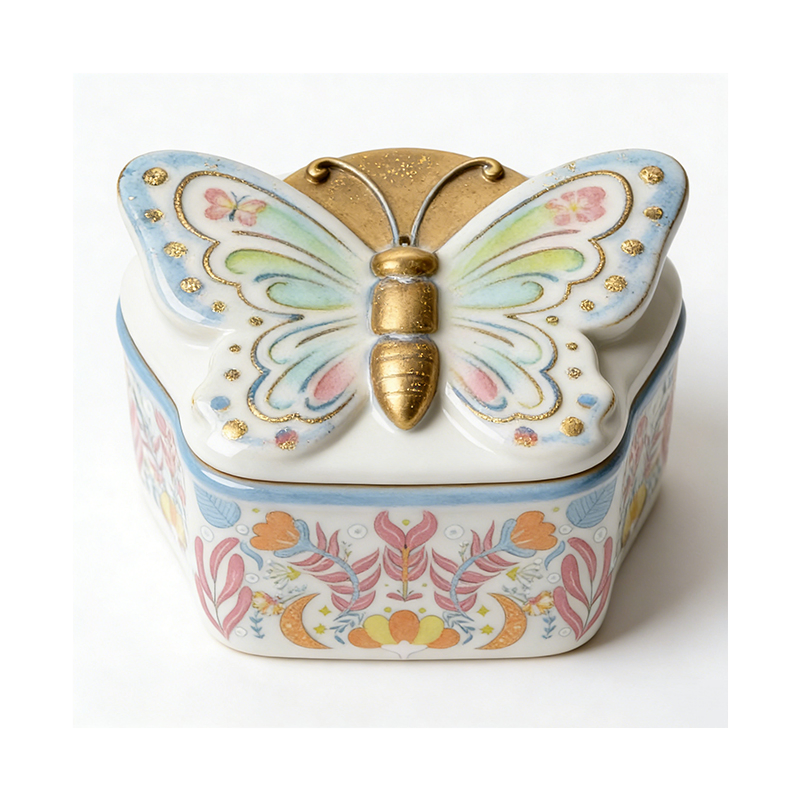 Decorative Ceramic Trinket Box with 3D Butterfly Lid