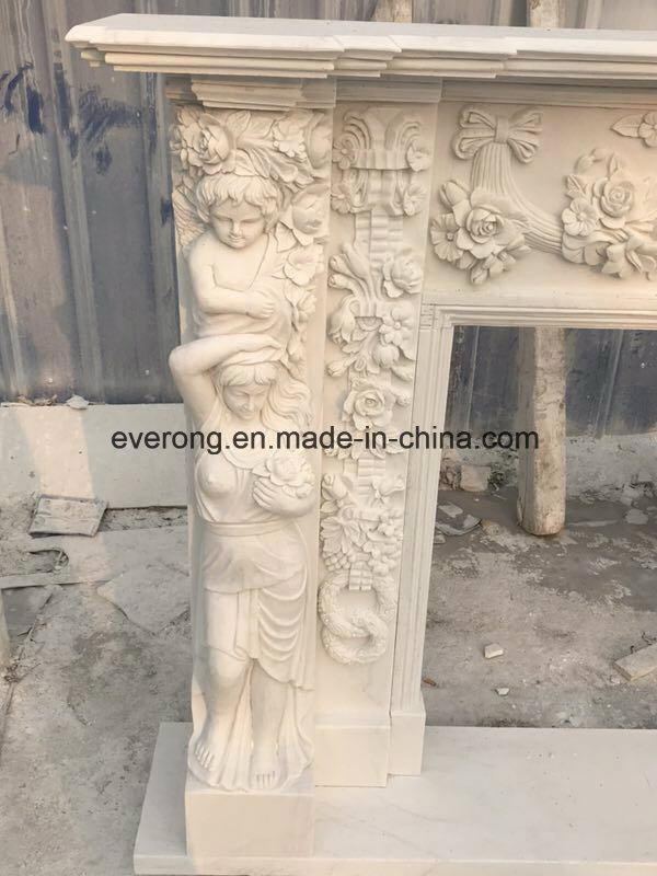 Natural Stone White Marble Fireplace with Carved Angel and Flowers