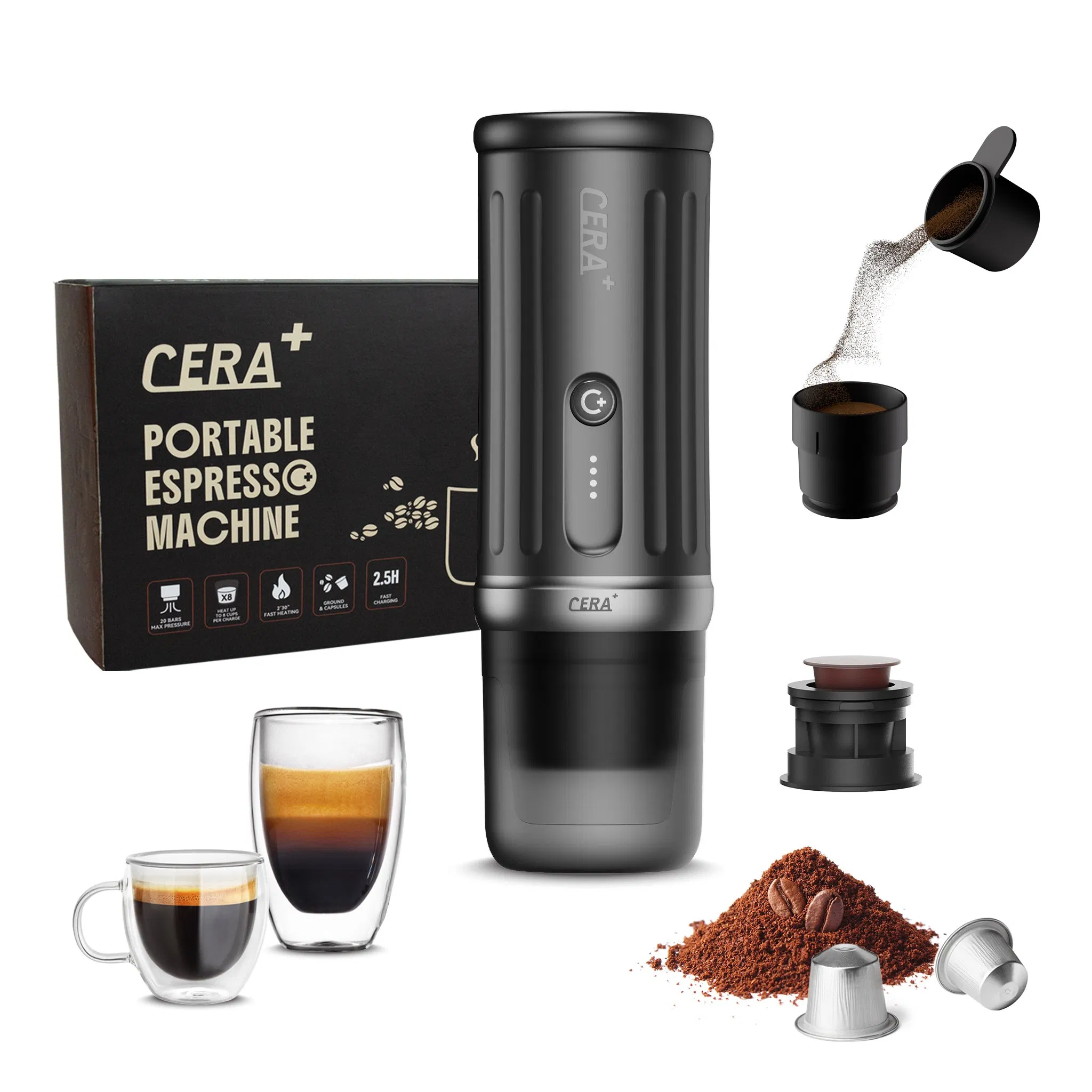 Cera+ Portable Espresso Coffee Maker 20bar USB Electric Car Powered for Travel & Outdoor Use PCM03s