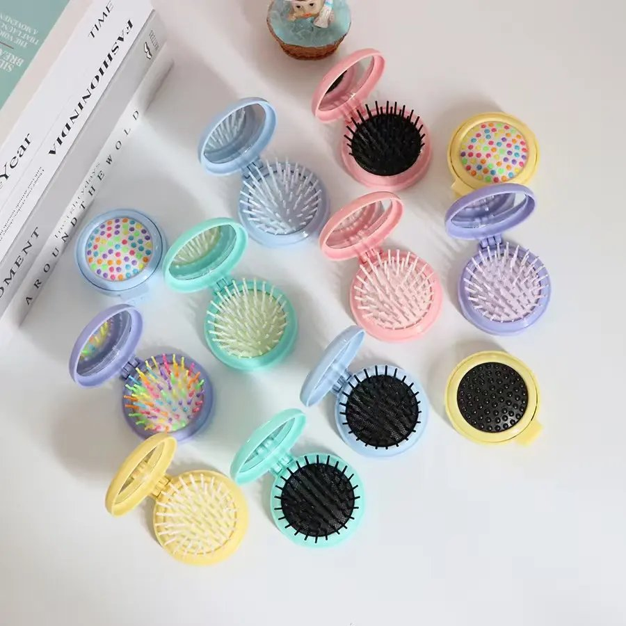 Hot Sale Portable Folding Mirror Comb Pocket Travel Nylon Cartoon Hair Brush