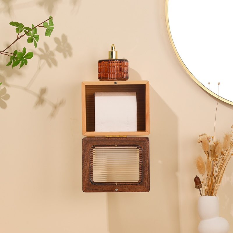 Wooden Storage Box Doubling as Kitchen Tissue and Toilet Paper Roll Dispenser