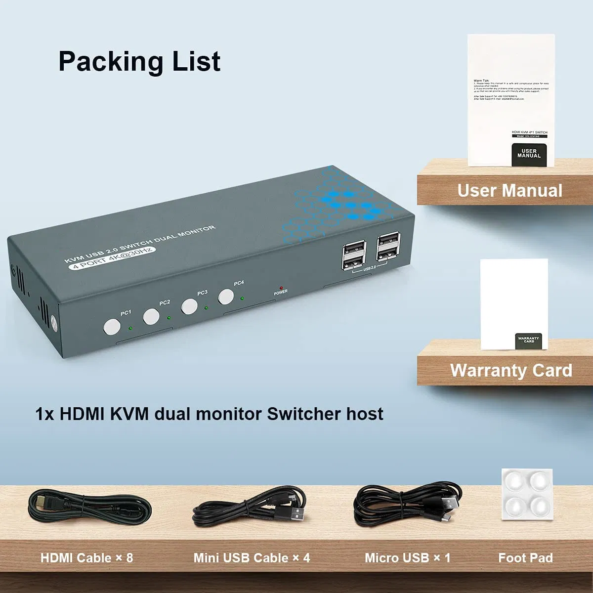 KVM-переключатель 4 порта HDMI 4K@30Hz, 4 входа 2 выхода