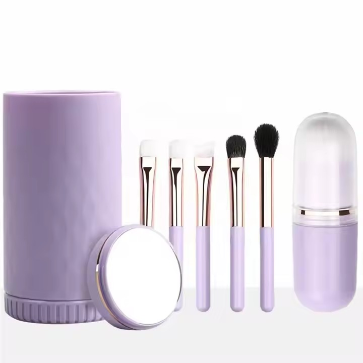 New Portable Travel Makeup Brush Set 6PCS Mini Eyeshadow Complete Function Cosmetic Brusheswith Mirror and Holder