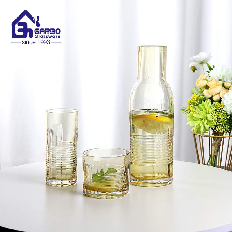 Amber Color Handmade Picture with Tumbler Engraved Design Glass Water Jug Set