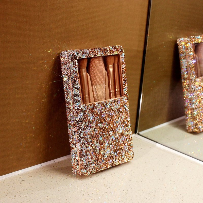 5PCS Wholesale Shiny Diamond Box with Travel Makeup Brush Mini Portable Makeup Brush Set with Mirror Blush Brush