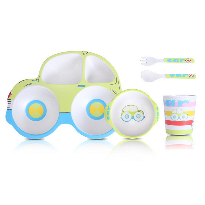 Car Shaped Bamboo Fiber Children 5 Pieces of Bowl Plate Tableware Set