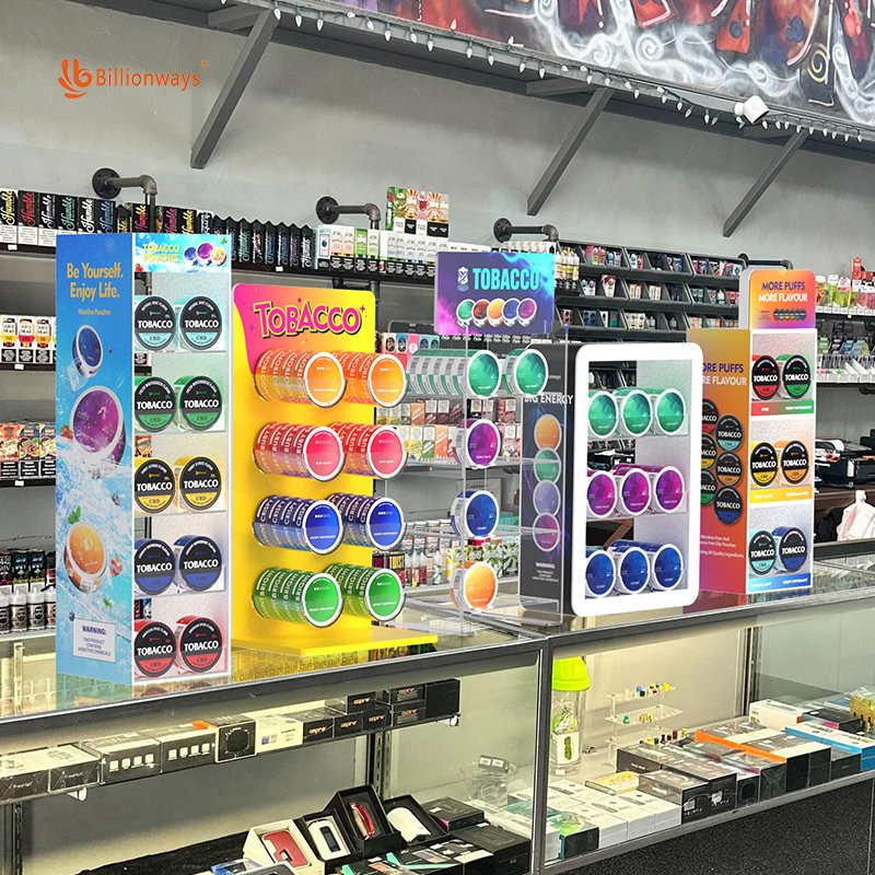 Customizable 4 Tiered Acrylic Snus Display Racks for Gas Station Chewing Tobacco Display