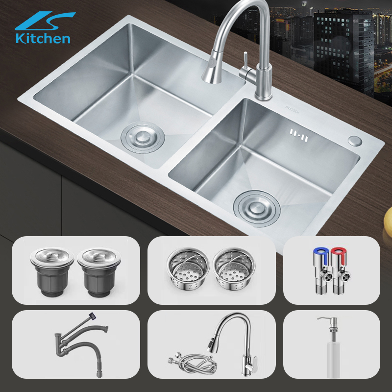 Modern Kitchen Sink, Double Bowl Handmade Outdoor Sink, Stainless Steel Undermount Sink