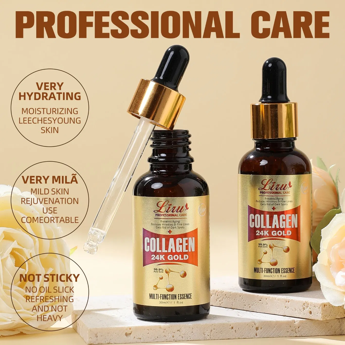 Private Label Skin Care Brightening Hyaluronic Acid Essence 24K Gold Collagen Face Serum
