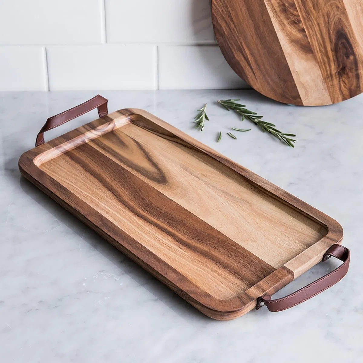 Wholesale Hotel Classical Handmade Tea Coffee Carry Tray Walnut Long Rectangle Solid Wood Serving Tray
