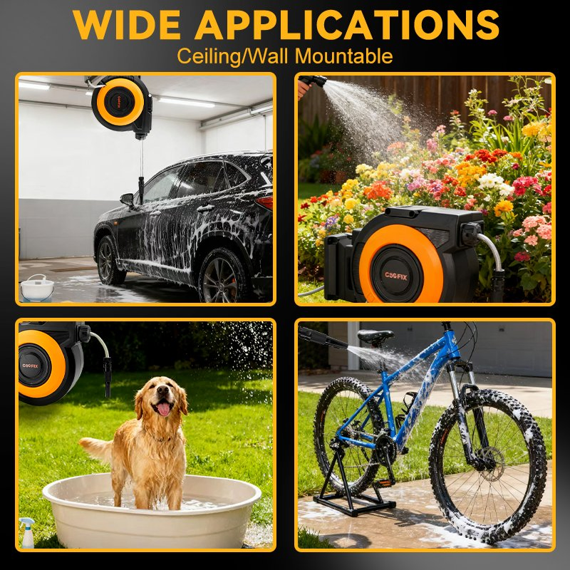 Retractable Garden Hose Reel - 1/2 Inch X 50FT Wall Mounted Hose Reel with 3/4 Inch Brass Fitting & 10 Function Sprayer Nozzle