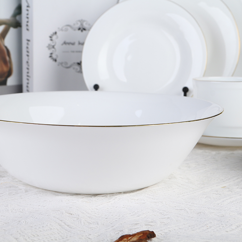 Customized 9 Inch Tempered Opal Glassware Salad Serving Bowl with Gold Rim for Parties