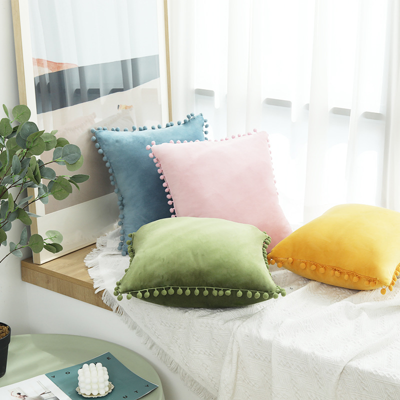 Decorative Throw Pillow Covers Cushion Cases, Soft Velvet POM Poms Double-Sided Designs