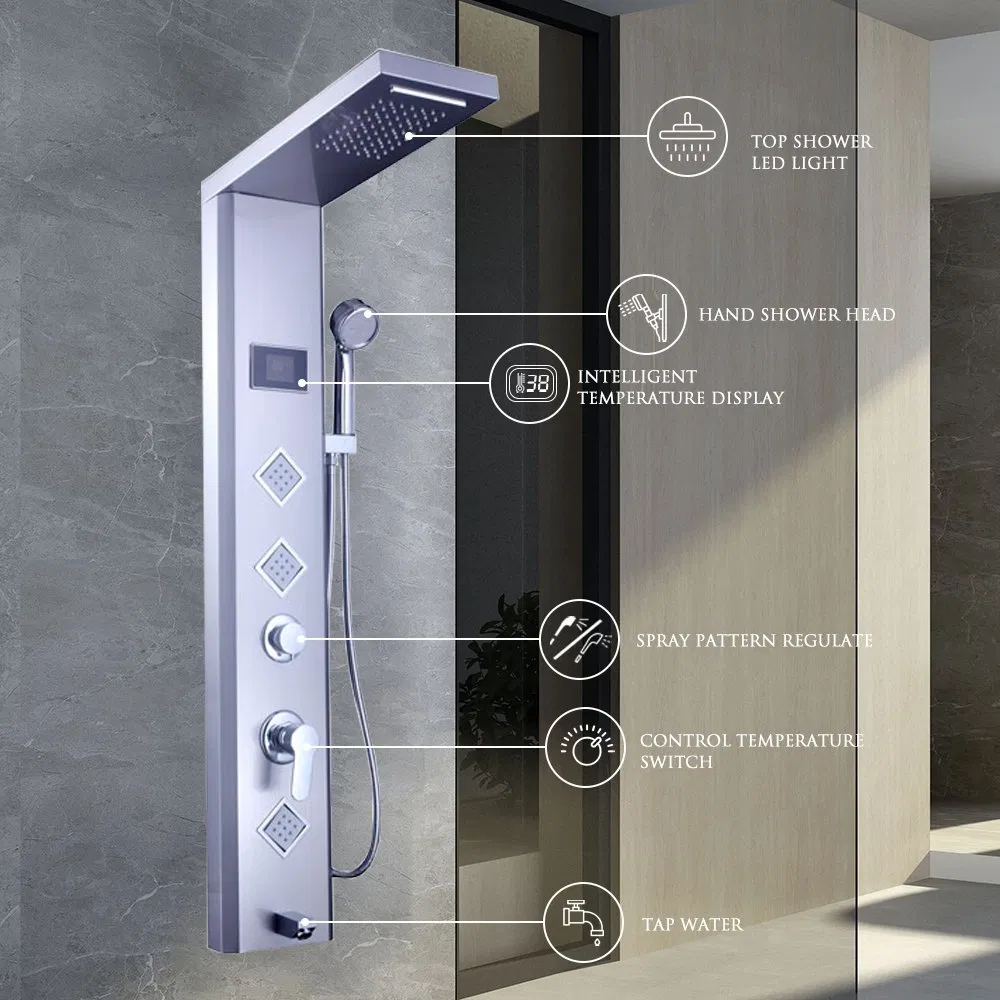 Modern Brushed Stainless Steel LED Shower Panel with 5 Functions