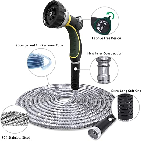 Flexible Metal Garden Hose Upgrade Leak and Fray Resistant Design Stainless Steel Water Hose with Solid Fittings and Sprayer Nozzle